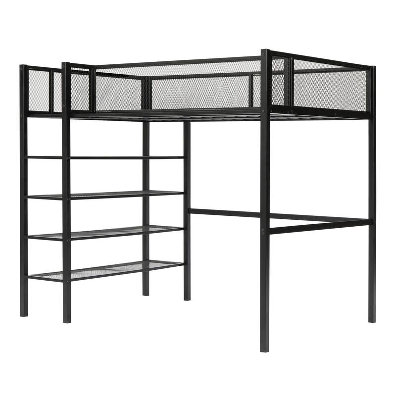 Twin/Full Metal Loft Bed with Built-in Desk, Shelves, and Storage, Modern Design