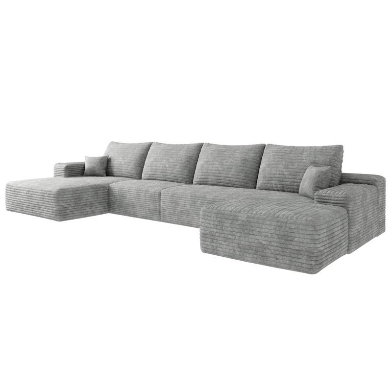 U Shaped Modular Sectional Sofa with Ottoman & Chaise, Corduroy Upholstered Boneless Couch, Corner Deep Seat Compressed Sofa