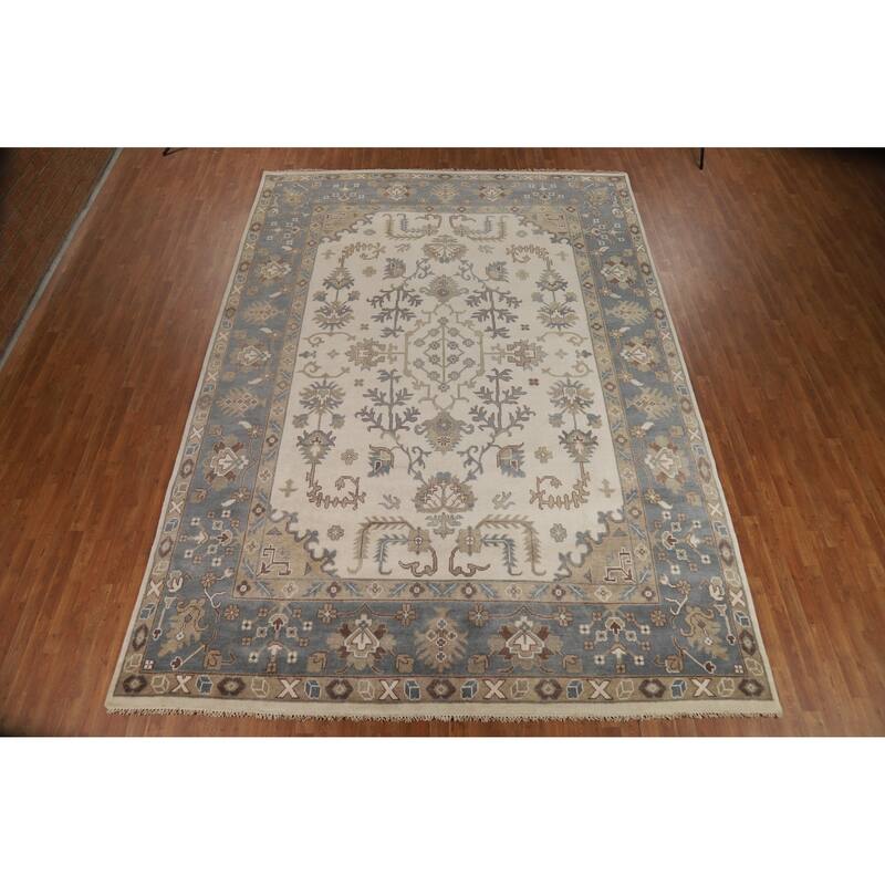 Ivory Oushak Indian Large Rug Hand-Knotted Wool Carpet - 10'0" x 14'1"