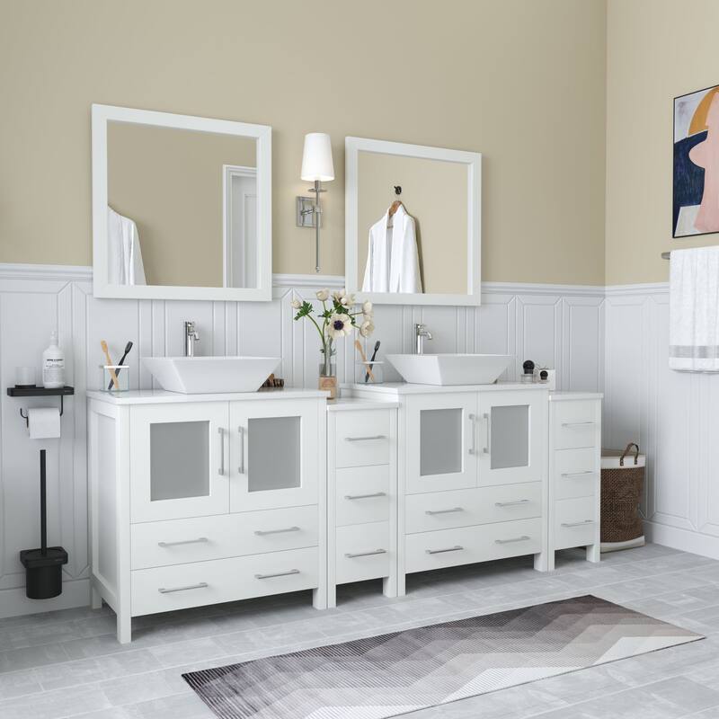 Vanity Art 84-inch Double Sink Bathroom Vanity Set with Engineered Marble Top and Free Mirror - 84 x 18.5 x 36 Inches
