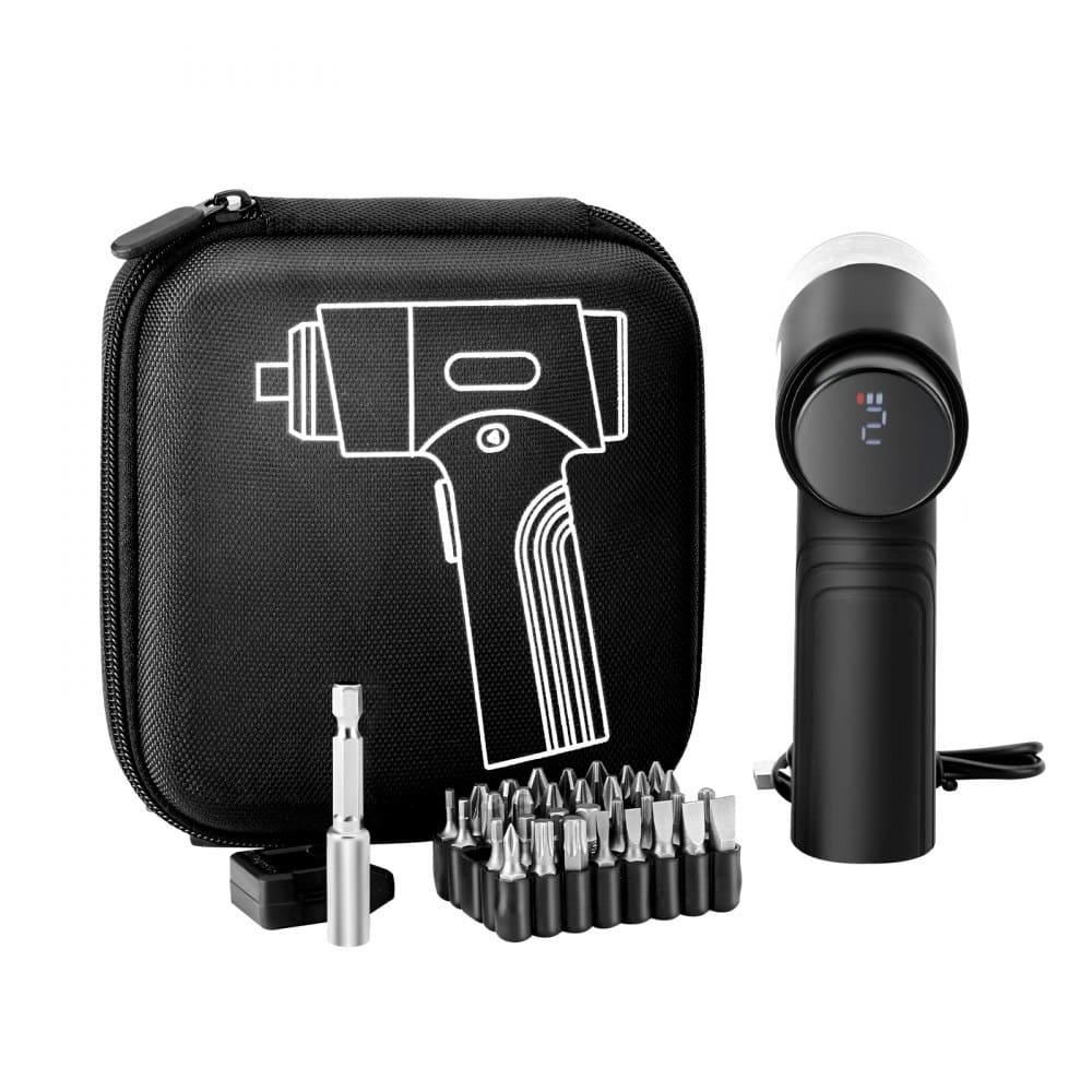 Black Electric Cordless Electric Screwdriver with 32 Magnetic Bits, Adjustable Torque, LED Light and Type-C Recharge