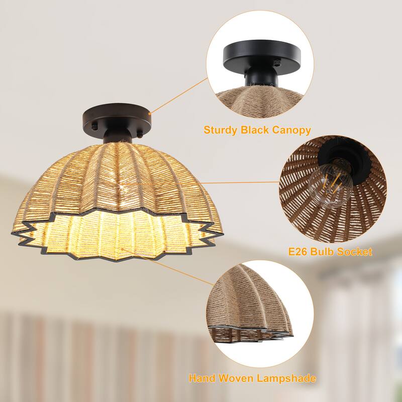 Industrial Rustic 1 - Light E26 Semi - Flush Mount Ceiling Light, 14.2" Dia Metal Frame - Matte Black
