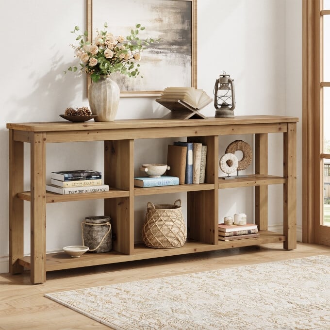 63-Inch Entryway Table with Adjustable Shelf, Solid Wood Console Table - Brown