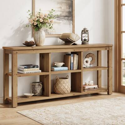 63-Inch Entryway Table with Adjustable Shelf, Solid Wood Console Table