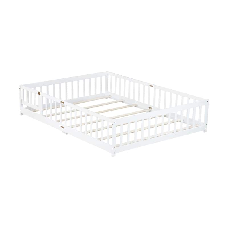 Queen Size Floor Bed with Fence,Door,Rubber Wood Floor Bed with Safety Guardrails
