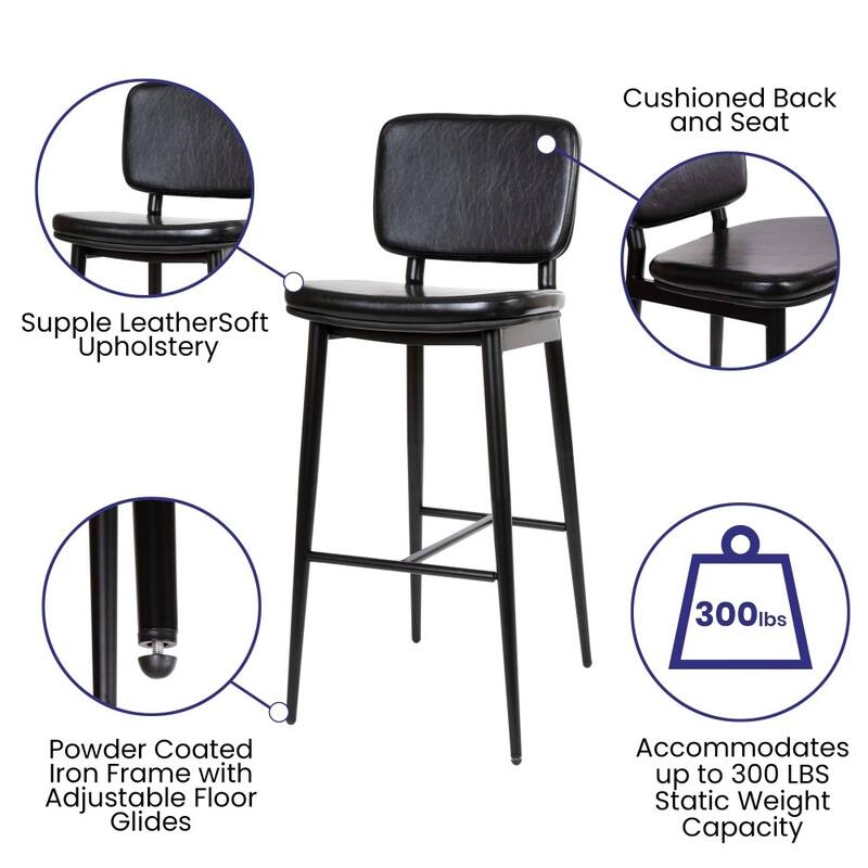Set of 2 LeatherSoft Barstools with Iron Frame-Integrated Footrest