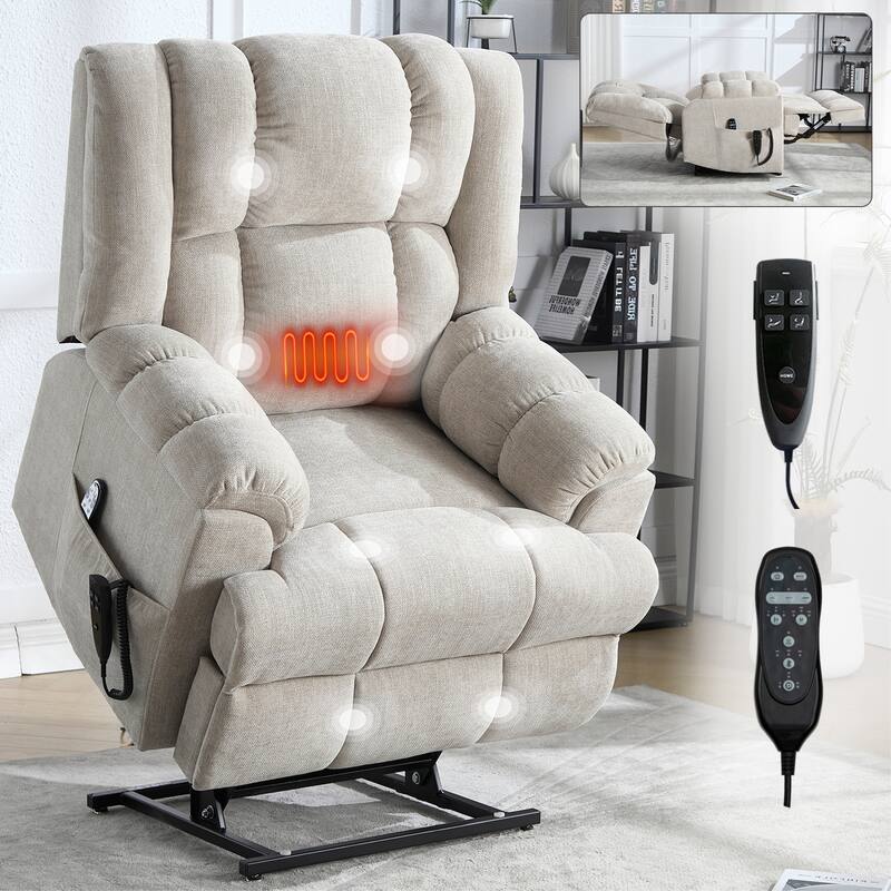 Dual Motor Heat Massage Infinite Position Up to 350 LBS Electric Power Lift Recliners with Power-Remote, Medium-firm - Beige