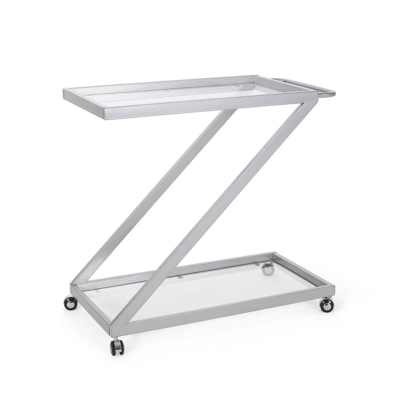 Chic Bar Cart with Tempered Glass, Locking Casters, Iron Frame, 36.5" L x 18.75" W, Minimalist Design