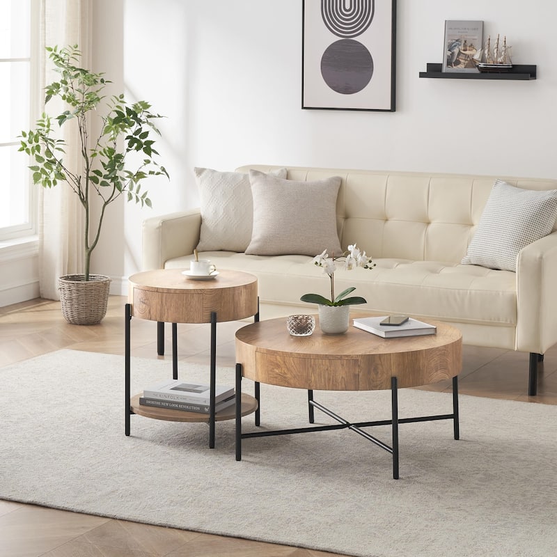 Round Coffee Table with Storage with Drawers Farmhouse Circle Table