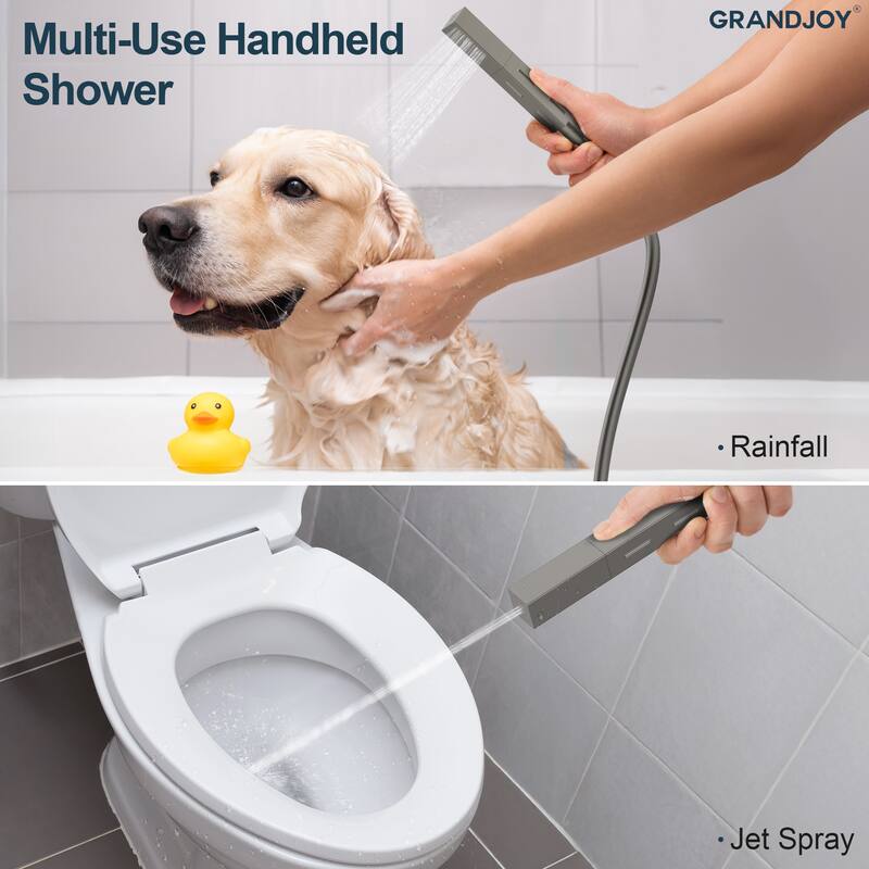 GRANDJOY Thermostatic Triple-Function LED Rain and Waterfall Shower System with Handheld and Built-In Music