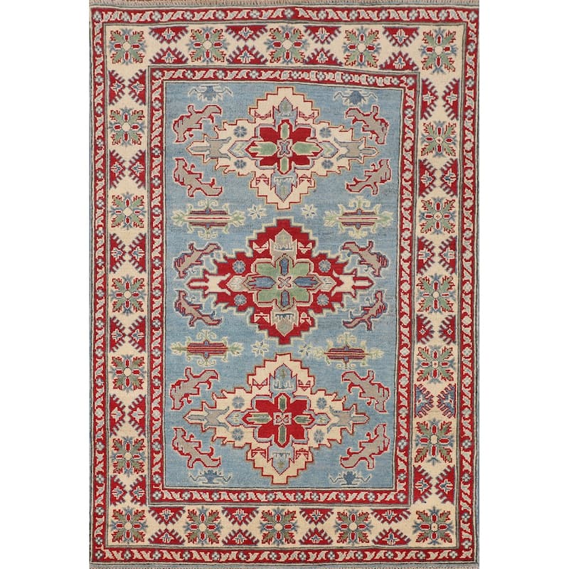 Light Blue Traditional Kazak Oriental Area Rug Handmade Wool Carpet - 3'10" x 5'11"