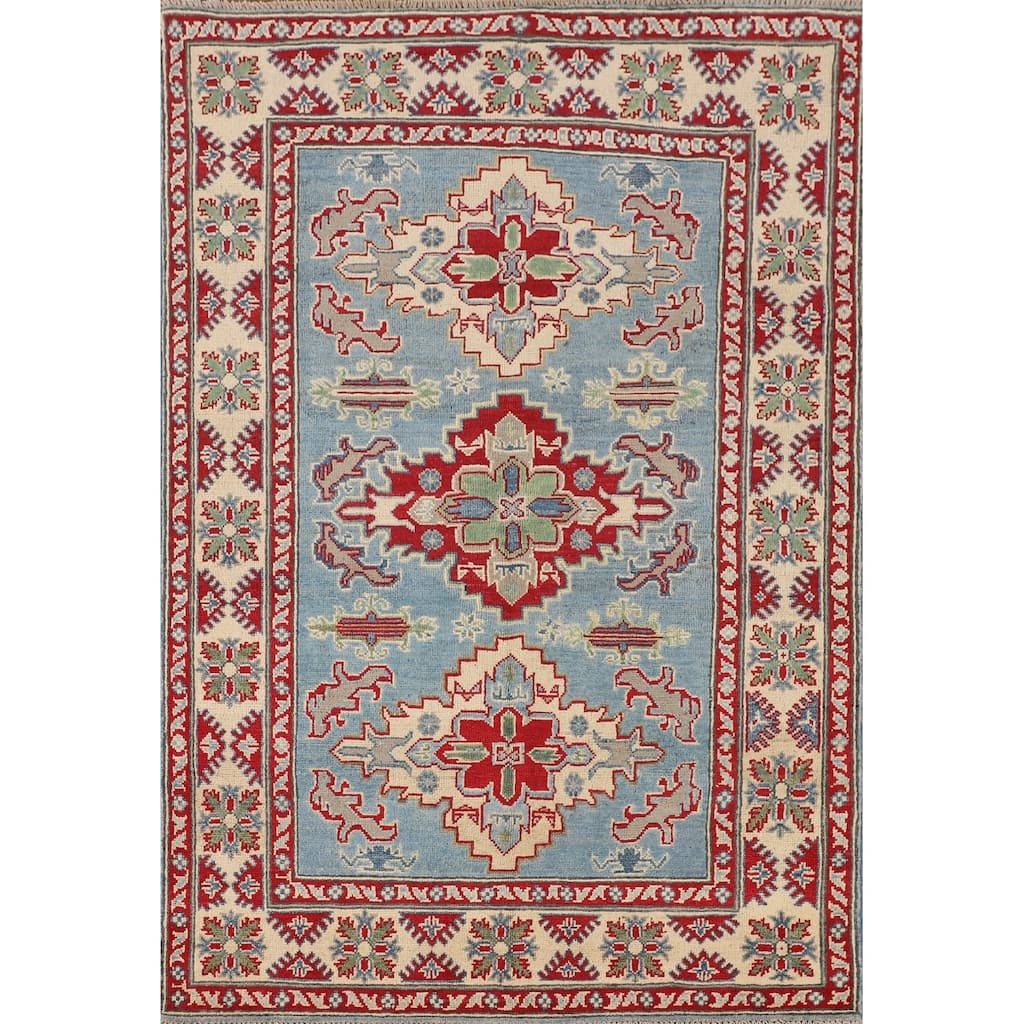Light Blue Traditional Kazak Oriental Area Rug Handmade Wool Carpet - 3'10" x 5'11"
