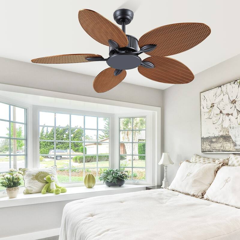 50 Inch Tropical Ceiling Fan with Palm Leaf Blades Glass Cover Remote Control Waterproof for Indoor and Outdoor Patio
