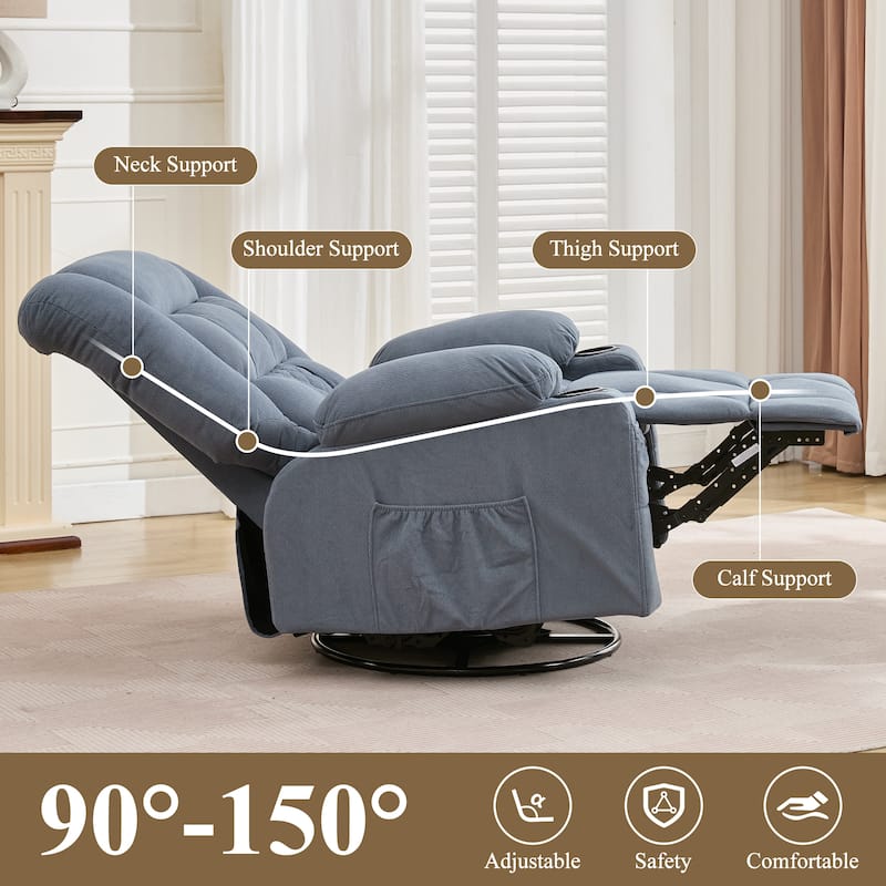 Oversized Swivel Recliner Chair with 4-Point 3D Kneading Massage and Heat, Single Sofa Chair with 2 Cup Holders & USB Port