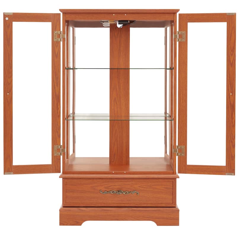 Lighted Glass Curio Cabinet with Adjustable Shelves - Elegant 2-Door Display Cabinet & Built-in Drawer, Includes Bulb