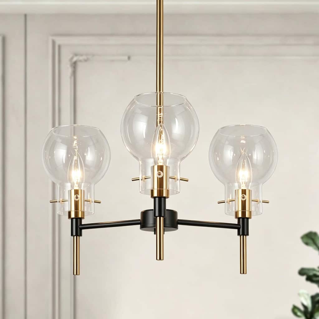 Isha Modern Minimalist 3-Light Black and Gold Chandelier Globe Glass Pendant Light for Dining Room
