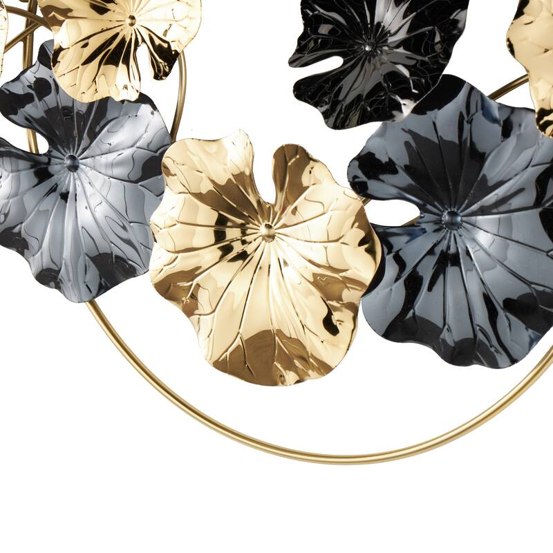Gold Stainless Steel Metal Floral Home Wall Decor with Circular Frame and Black Accents
