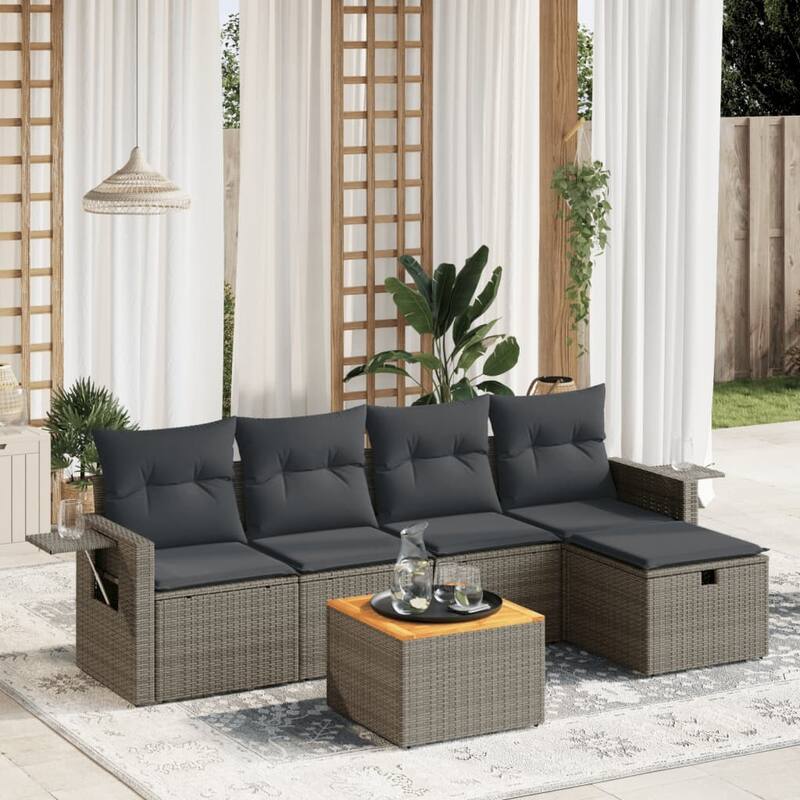 vidaXL Patio Sofa Set with Cushions Outdoor Furniture 6 Piece Poly Rattan - Gray - 24.4 x 24.2 x 27.2 in