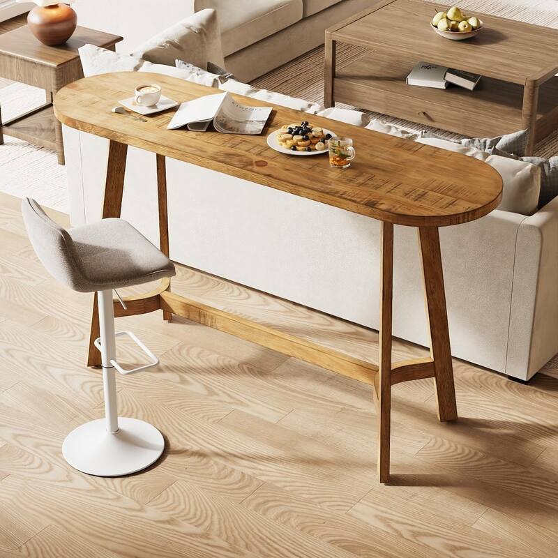 63" Solid Wood Bar Table, Oval Counter Height Table with Footrest for Kitchen - 17.72"D x 62.99"W x 37.4"H