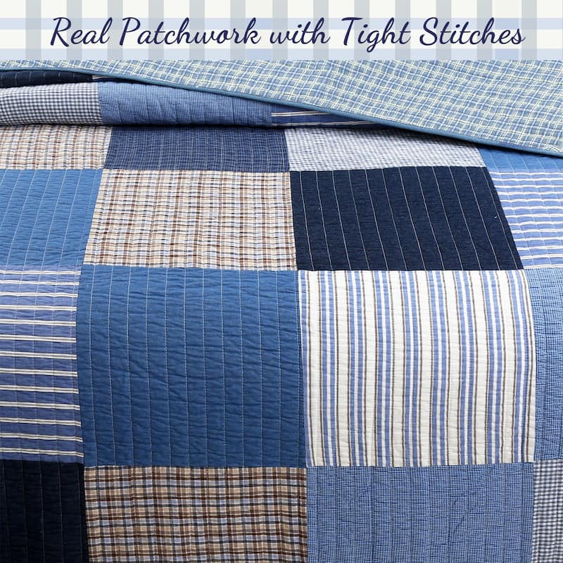 Cozy Line Blue Jean Plaid Stripe Tartan Patchwork Cotton Reversible Quilt Bedding Set