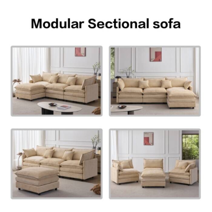105" Modular Sectional Sofa with Ottoman, Upholstered Chenille Fabric 3-Seater