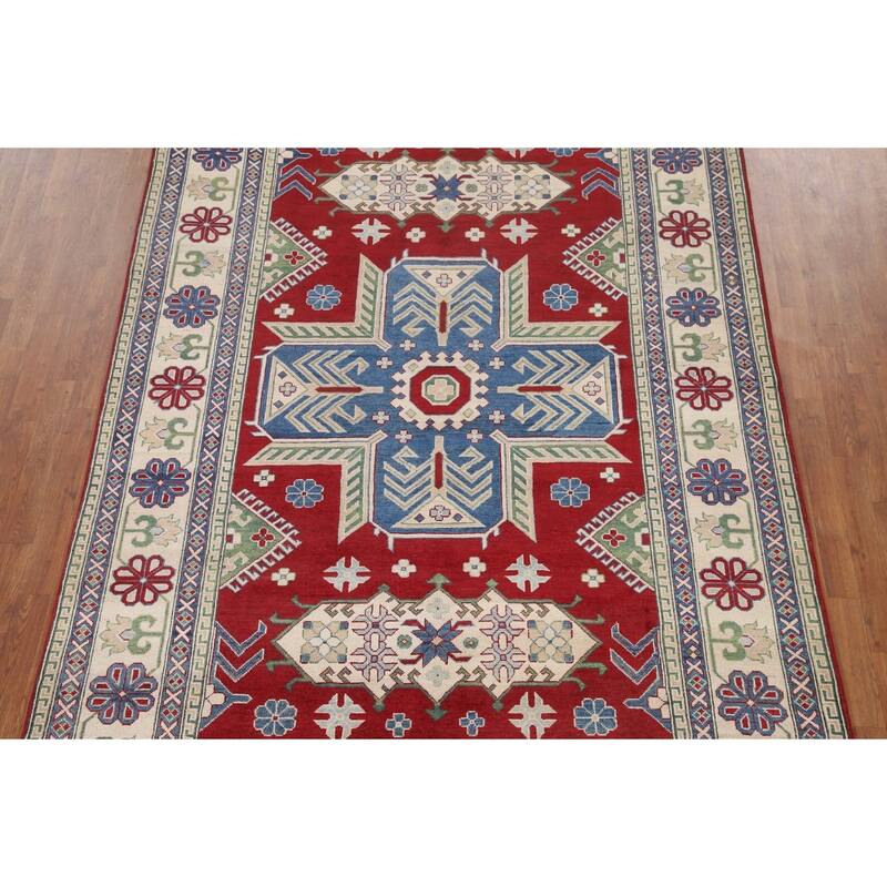 Hand Knotted Oriental 100% Wool Carpet Traditional Geometric Red Kazak Area Rug - 9' 10'' X 6' 9''