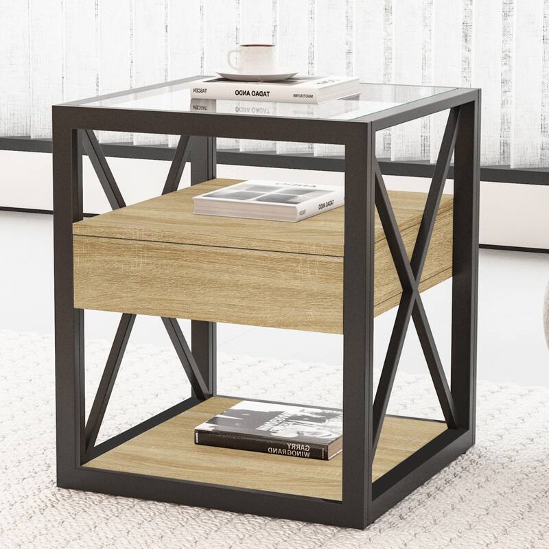 Industrial Style Set of 2 Modern End Table with Drawer - N/A