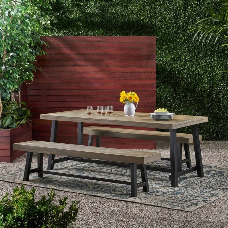 Rustic 3-Piece Picnic Dining Set with Acacia Top & Iron Frame Benches - Grey+Black