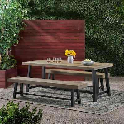 Rustic 3-Piece Picnic Dining Set with Acacia Top & Iron Frame Benches