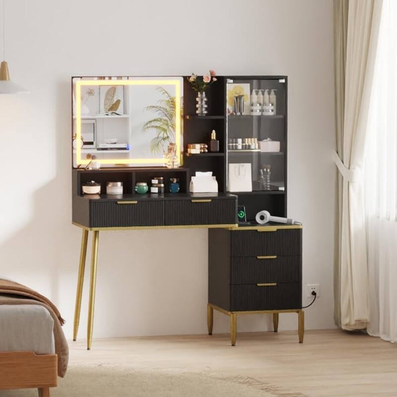 Makeup Vanity Desk with Lighted Mirror, 5 Drawers, Storage Shelves, Power Outlets