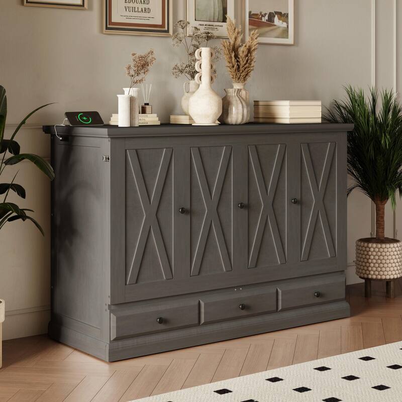 Solid Pine Murphy Bed Chest - Cube Cabinet Bed with Charging Station and Large Storage Drawer