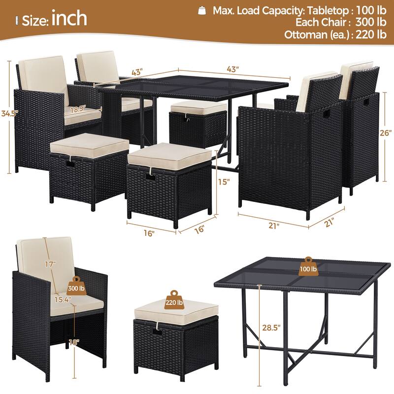 Yaheetech 9-Piece Patio Dining Set with Glass Table & Ottomans for Lawn, Backyard, Black/Beige