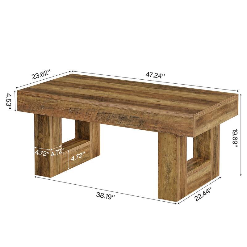 47-Inch Rectangular Center Table with Thick Wooden Base for Living Room, Brown - Large