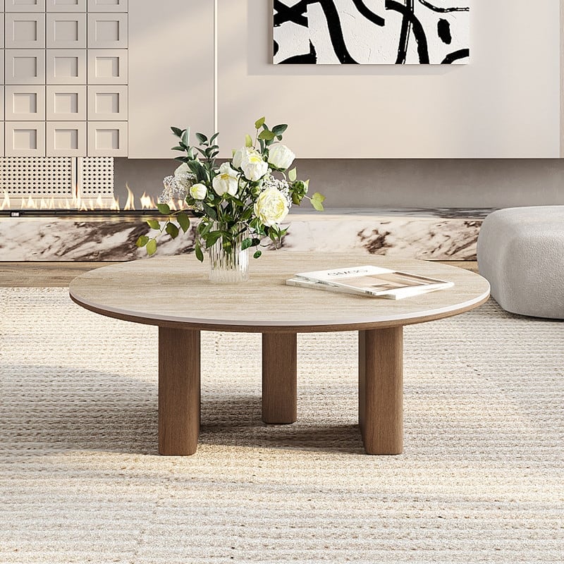 35.4'' Mid-Century Modern Round Coffee Table with Stone Countertop, Stain-Resistant Center Table for Living Room
