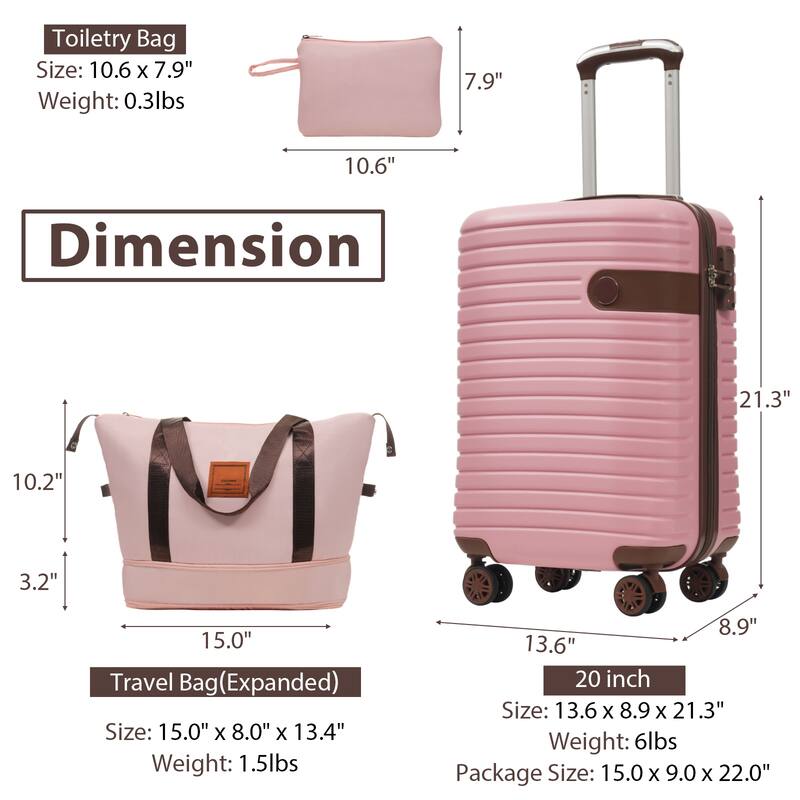3 Piece Carry on Luggage Set, ABS Hardshell Lightweight Durable Suitcase with Wheels and Duffel Bag & Toiletry Bag, for Travel