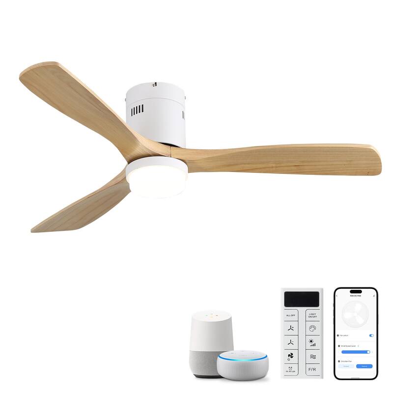 Sofucor 52"Solid Wood Modern,Farmhouse Indoor Ceiling Fan Chandelier with Remote,Adjustable light,Smart Optional - Smart(APP+Voice+Remote Control) - White with Solid Wood Blades