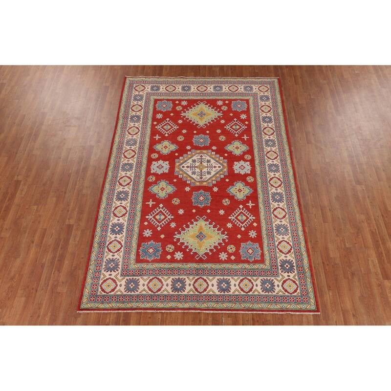 Geometric Red Kazak Oriental Area Rug Handmade Wool Carpet - 6'8" x 9'9"