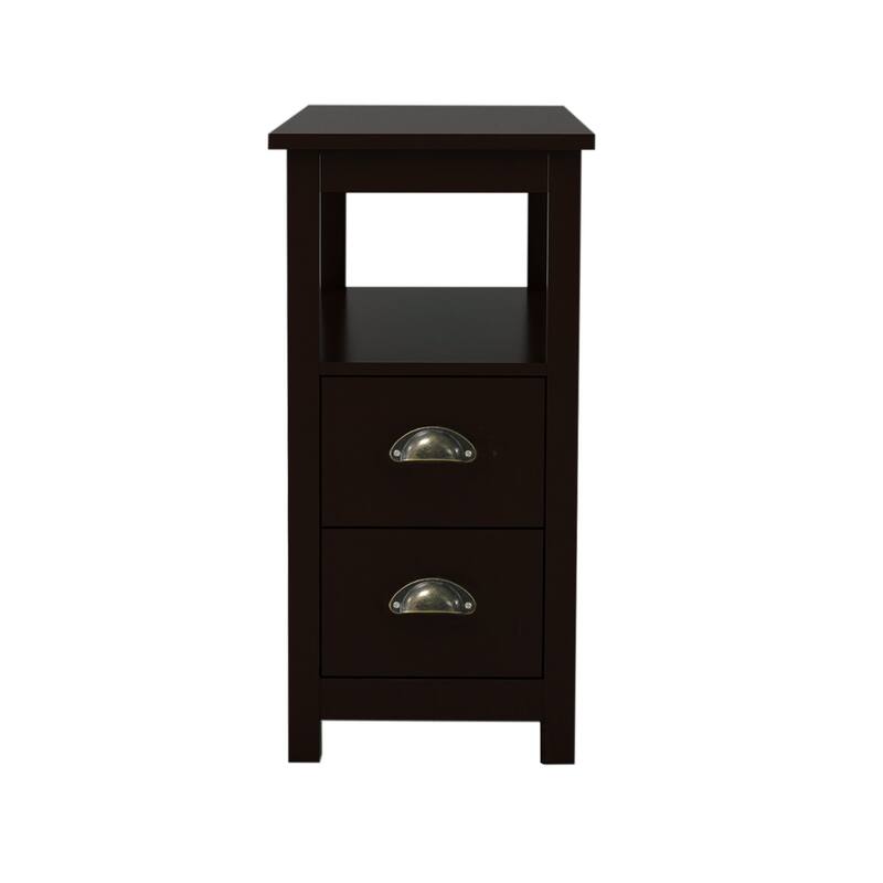 Narrow Side Table Storage Cabinet Coffee Table Snack with 2 Drawers & 2 Open Shelves Bedside Table Cocktail Table for Bedroom