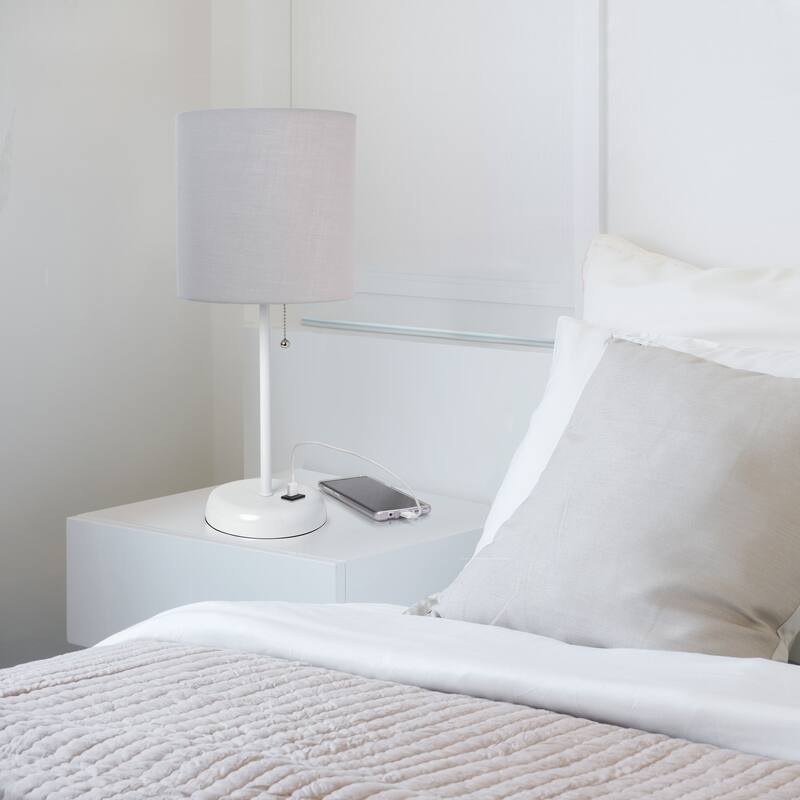 White Stick Lamp with USB charging port and Fabric Shade
