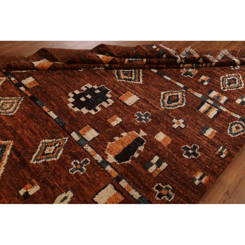 Hand Knotted Oriental 100% Wool Carpet Modern Tribal Brown Moroccan Area Rug - 9' 6'' X 6' 9''