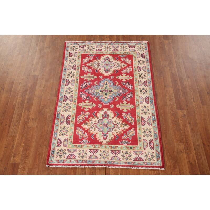 Geometric Red Kazak Accent Rug Handmade Wool Carpet - 3'4"x 5'1"