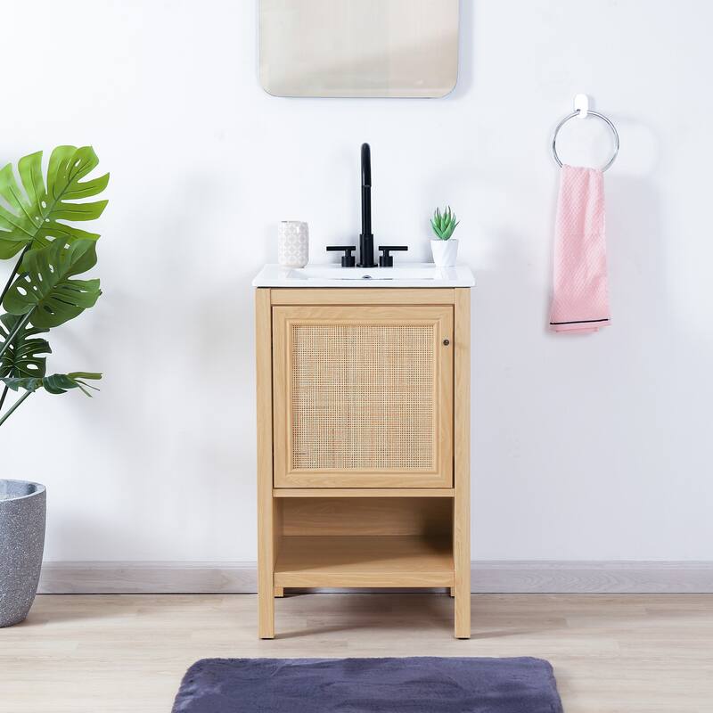 Jasper Rattan Modern Coastal 2-Shelf Bath Vanity Cabinet Only (Sink Basin Not Included), By JONATHAN Y - Oak - 20"W x 18"D x 33"H