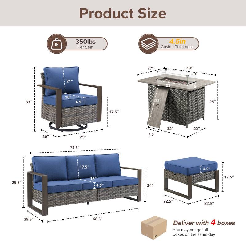 Meyreso Wicker Outdoor Patio Fire Pit Set with Swivel Gliders & 4.5" Olefin Cushions