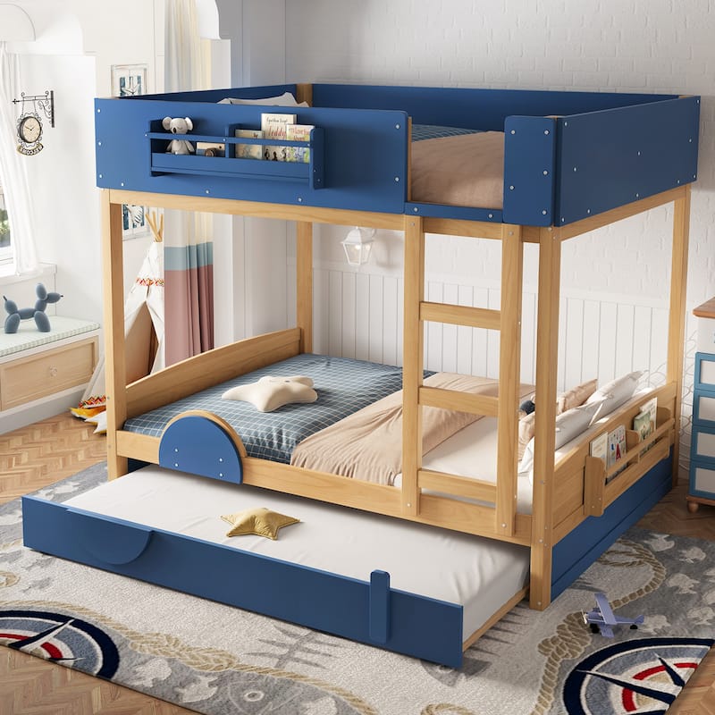 Queen/Full Bunk Bed with Trundle, Built-in Bookshelf & Safety Guardrail, Automobile Design - Blue - Full