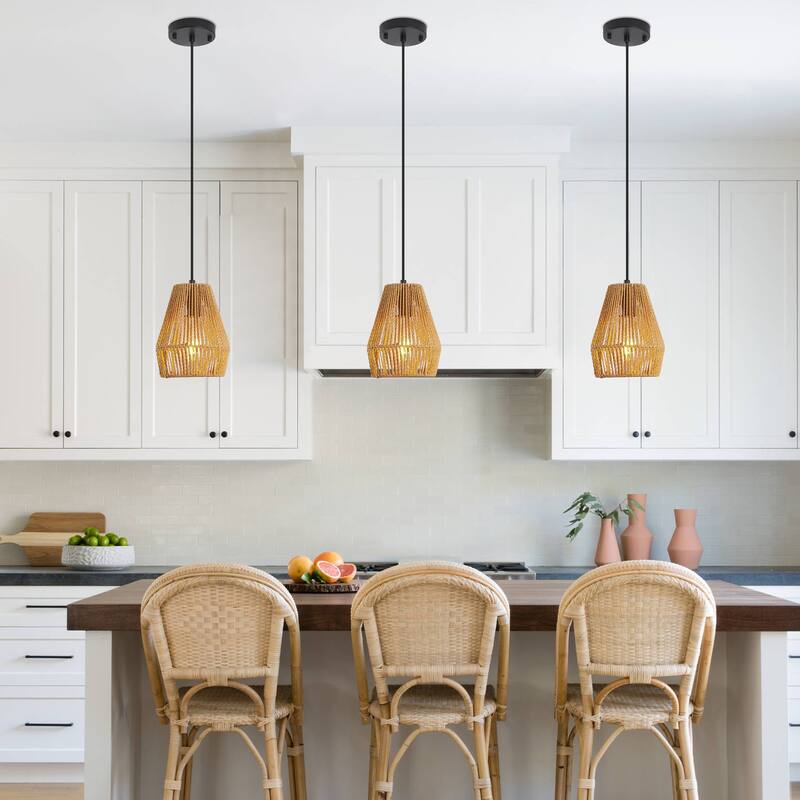 7" Set of 3 Rustic Hemp Rope Pendant Light, Handcrafted Farmhouse Hanging Light Fixture, Adjustable Height Ceiling Lamp - Wood