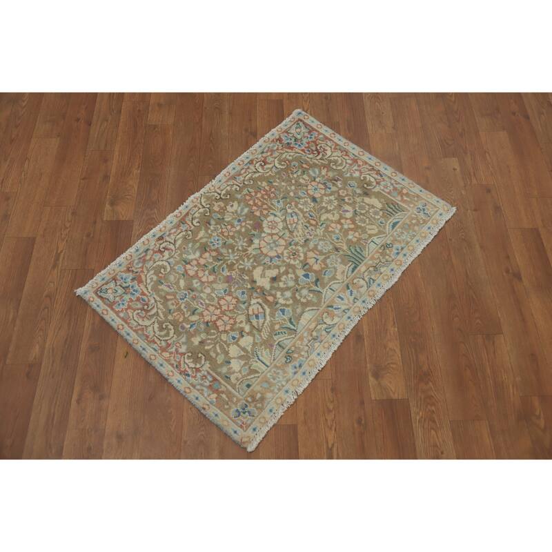 Hand Knotted Oriental 100% Wool Carpet Traditional Floral Brown Kerman Area Rug - 2' 9'' X 1' 10''