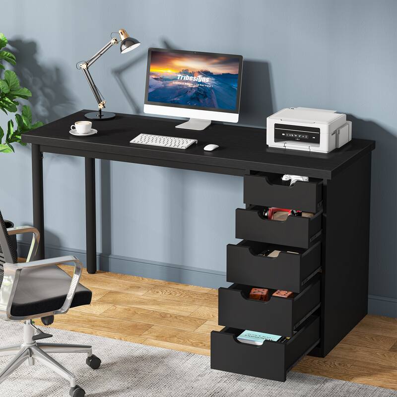 Modern Computer Desk with 5 Reversible Drawers, Storage Home Office Desk, PC/Laptop Desk, Study Writing Table Workstation