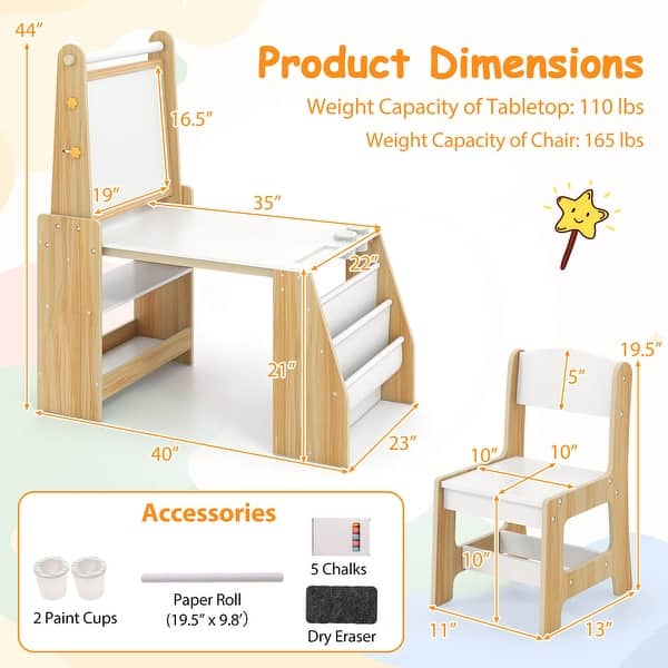 dimension image slide 1 of 2, Costway Kids Art Table and Chair Set with Easel & Chair Whiteboard & - See Details