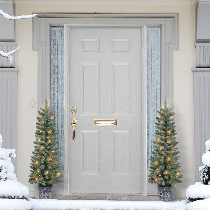 Puleo International Set of 2 Battery-Operated Pre-Lit Flocked Potted Trees