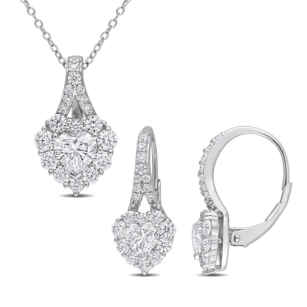 Miadora 4ct DEW Created Moissanite Heart Halo Leverback Earrings and Necklace 2-pc Set Sterling Silver